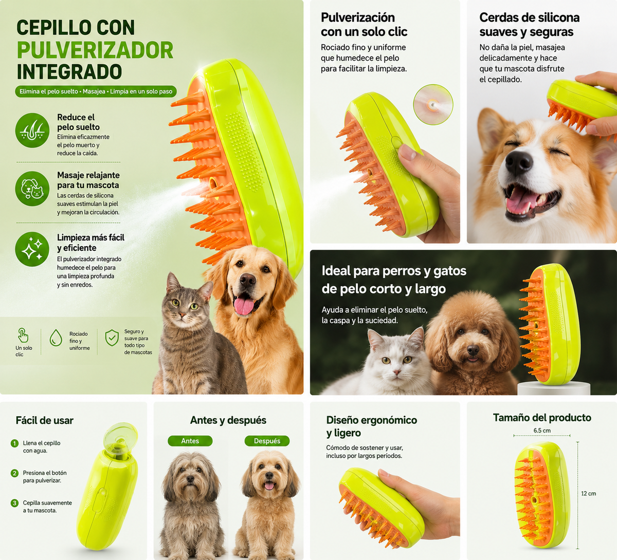 Cepillo Removedor de Pelo para Perros y Gatos | Masajeador de Silicona 2 en 1
